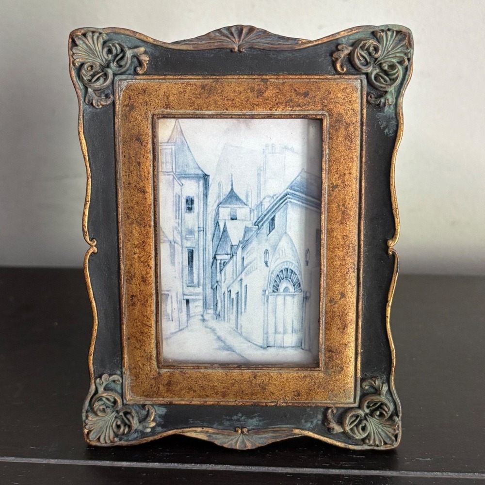 Vintage Style Ornate Gold Black Miniature Picture Frame French Street Scene 4x3